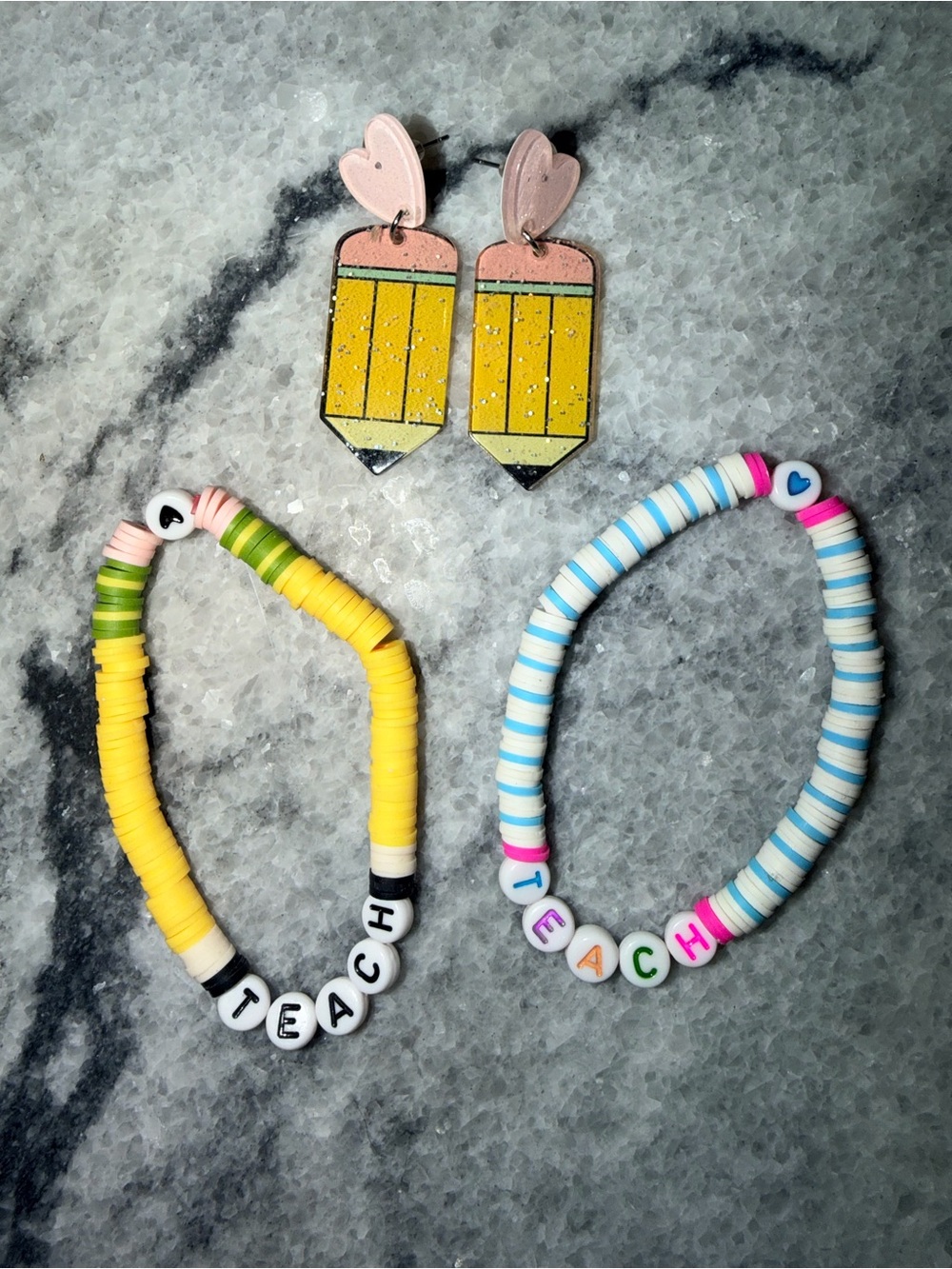 Teacher Pencil Earrings and Beaded 'TEACH' Bracelets - Yellow & Blue